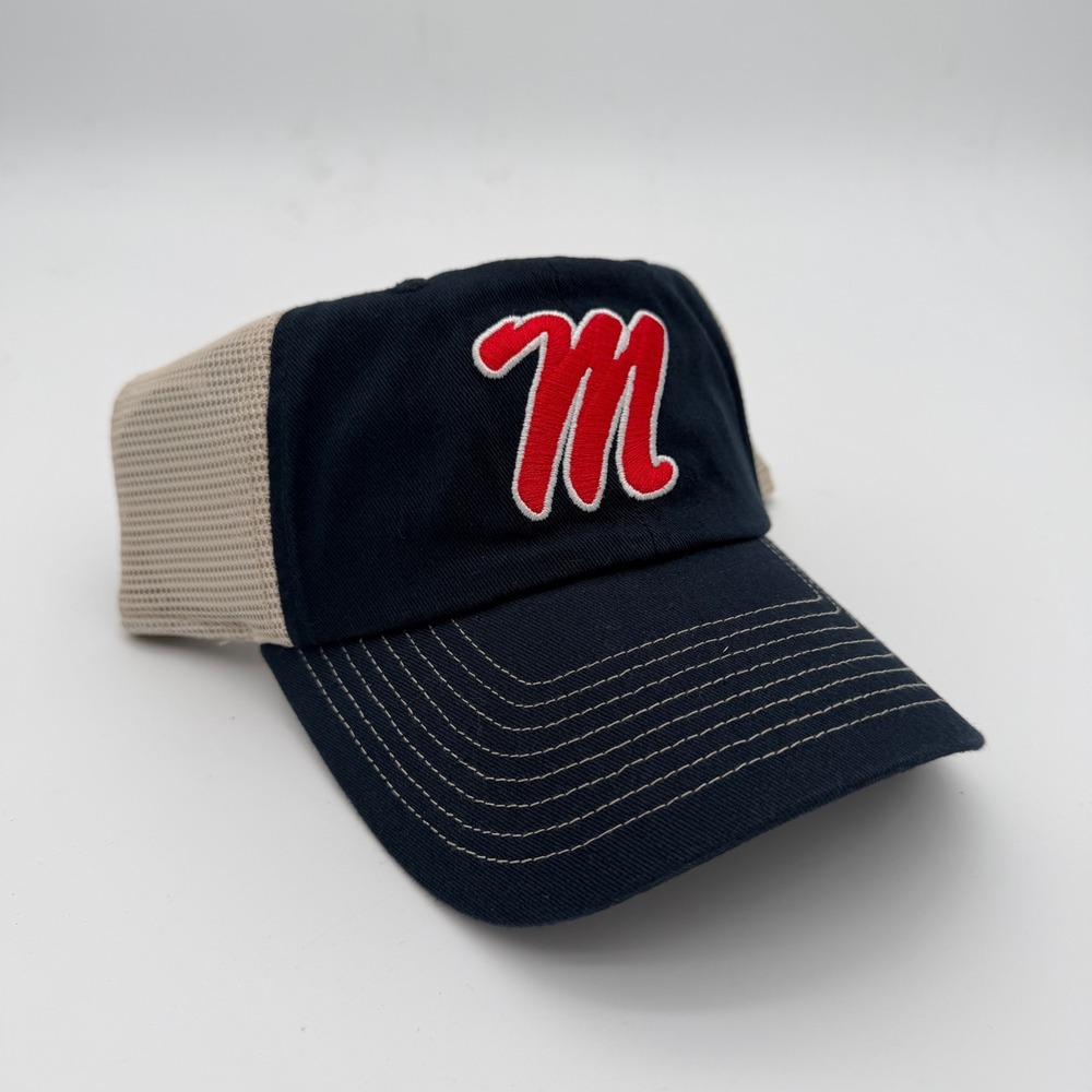 Ole Miss Rebels Captivating Headwear Trucker Hat Navy Blue Tan Mesh Snapback Cap
